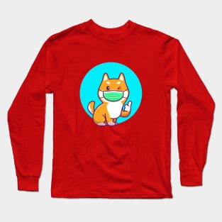 Cute Shiba Inu Wearing Mask With Thumbs Up Cartoon Long Sleeve T-Shirt